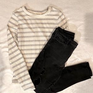 White and Black Textured Long Sleeve Top